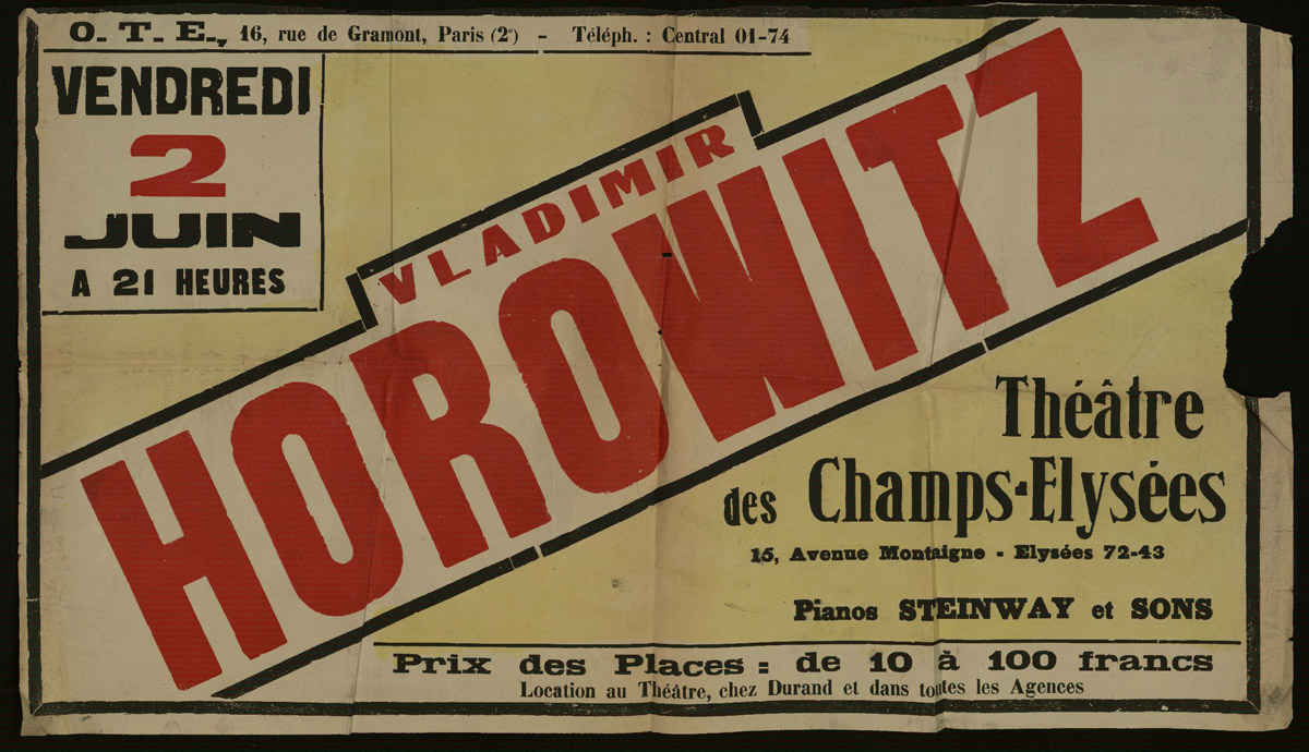 L'affiche du concert de Vladimir Horowitz le 2 juin 1933 au Théâtre des Champs-Elysées